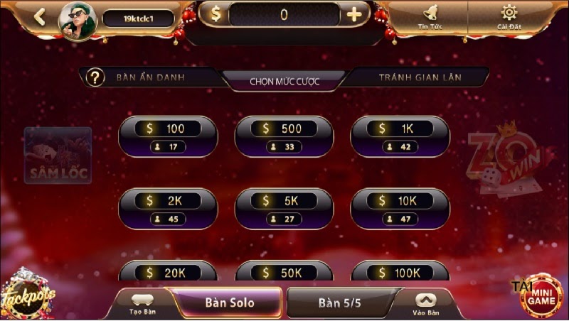 Sảnh cược với mức cược đa dạng tại sâm lốc Zowin