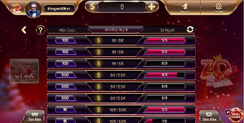 Chọn bàn chơi Xì tố với mực cược mình muốn
