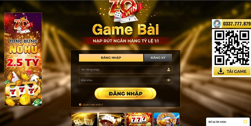 Giao diện cổng game bài Zowin