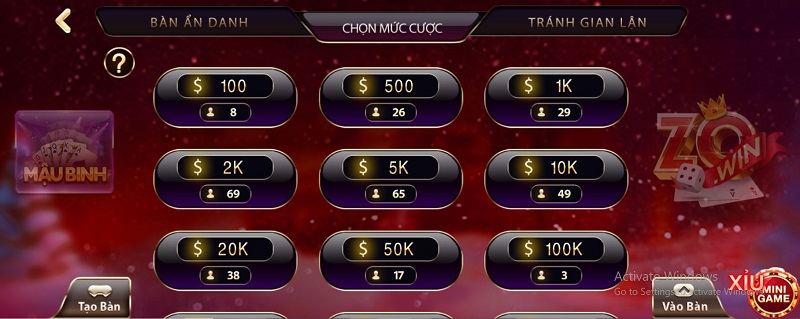 Chọn mức cược tại mậu binh Zowin