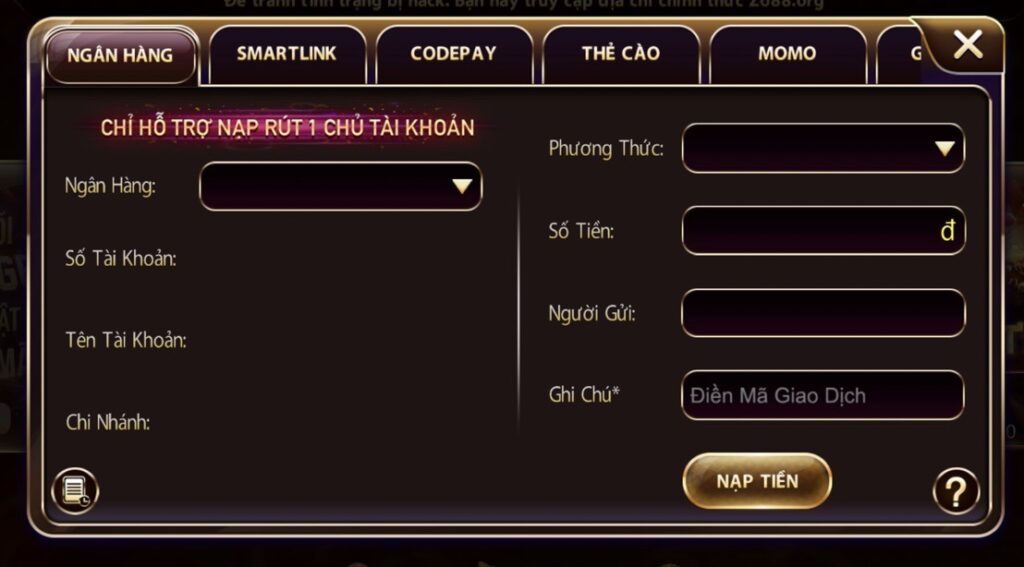 Nạp tiền ngân hàng tại Zowin